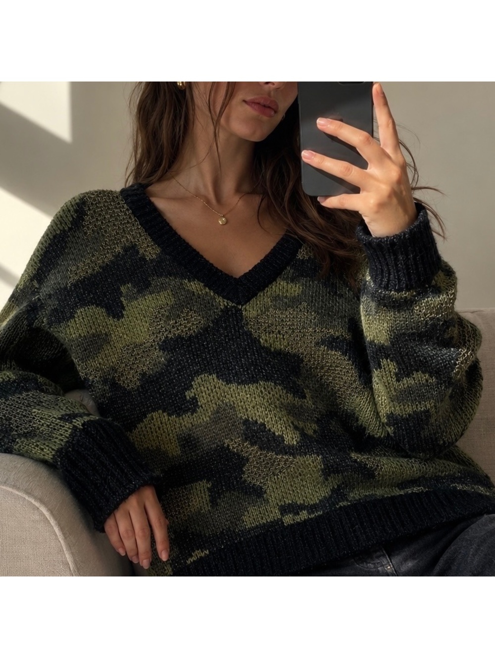 MICHAEL Michael Kors Camo V-Neck Sweater Olive Green Black Metallic Gold S